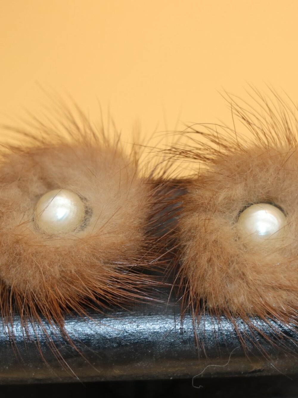 Mink Fur Pom Pom Clip On Earrings with Faux Pearl Centers